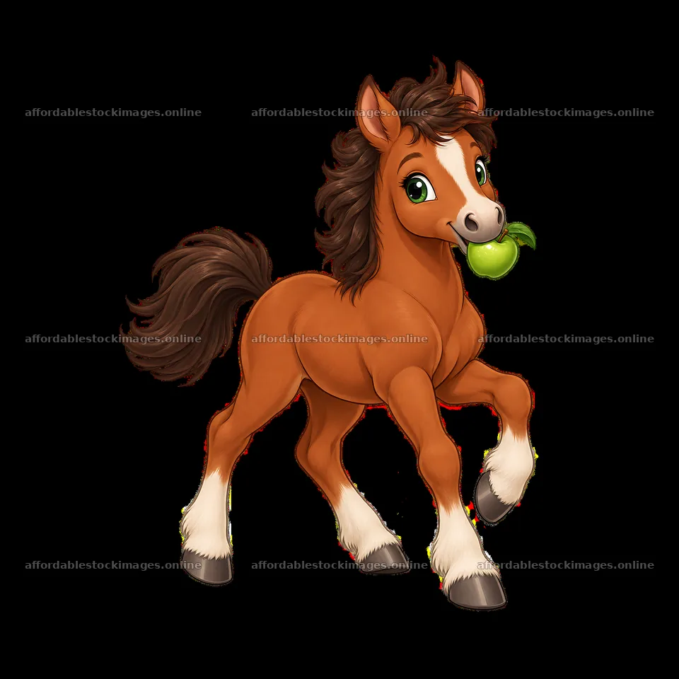 Brown horse with green apple in mouth running on farm – stock images 7746x7746