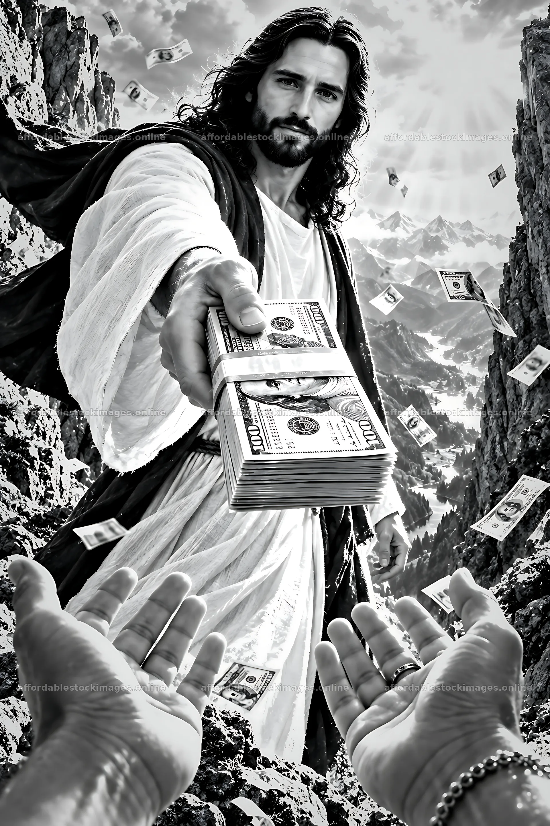 Mountain Pass Mercy offers money in a dramatic scene – stock images 6480x9722