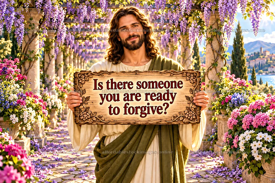 Jesus Christ holding a sign about forgiveness in a floral – stock images 9487x6325