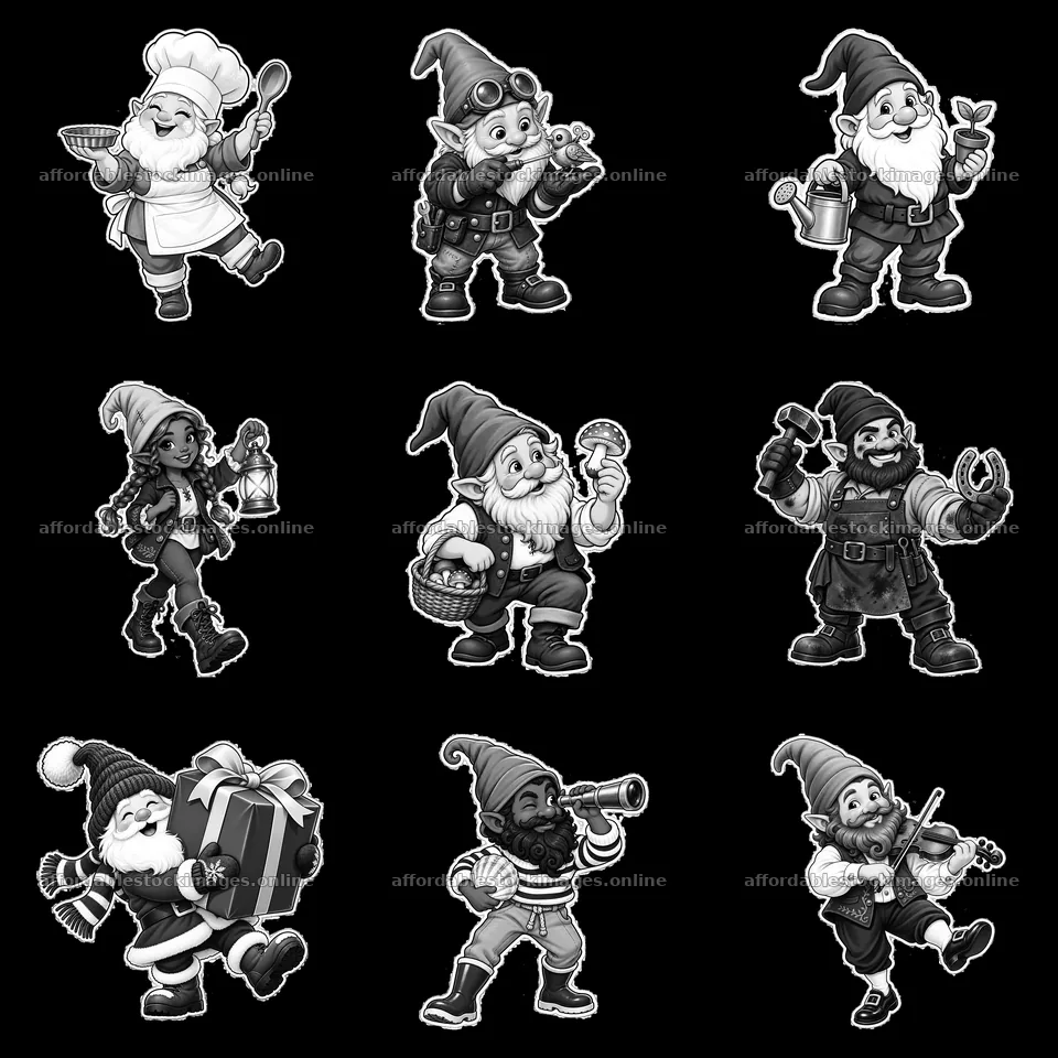 Gnomes engaged in various activities in a 3x3 grid layout – stock images 7746x7746