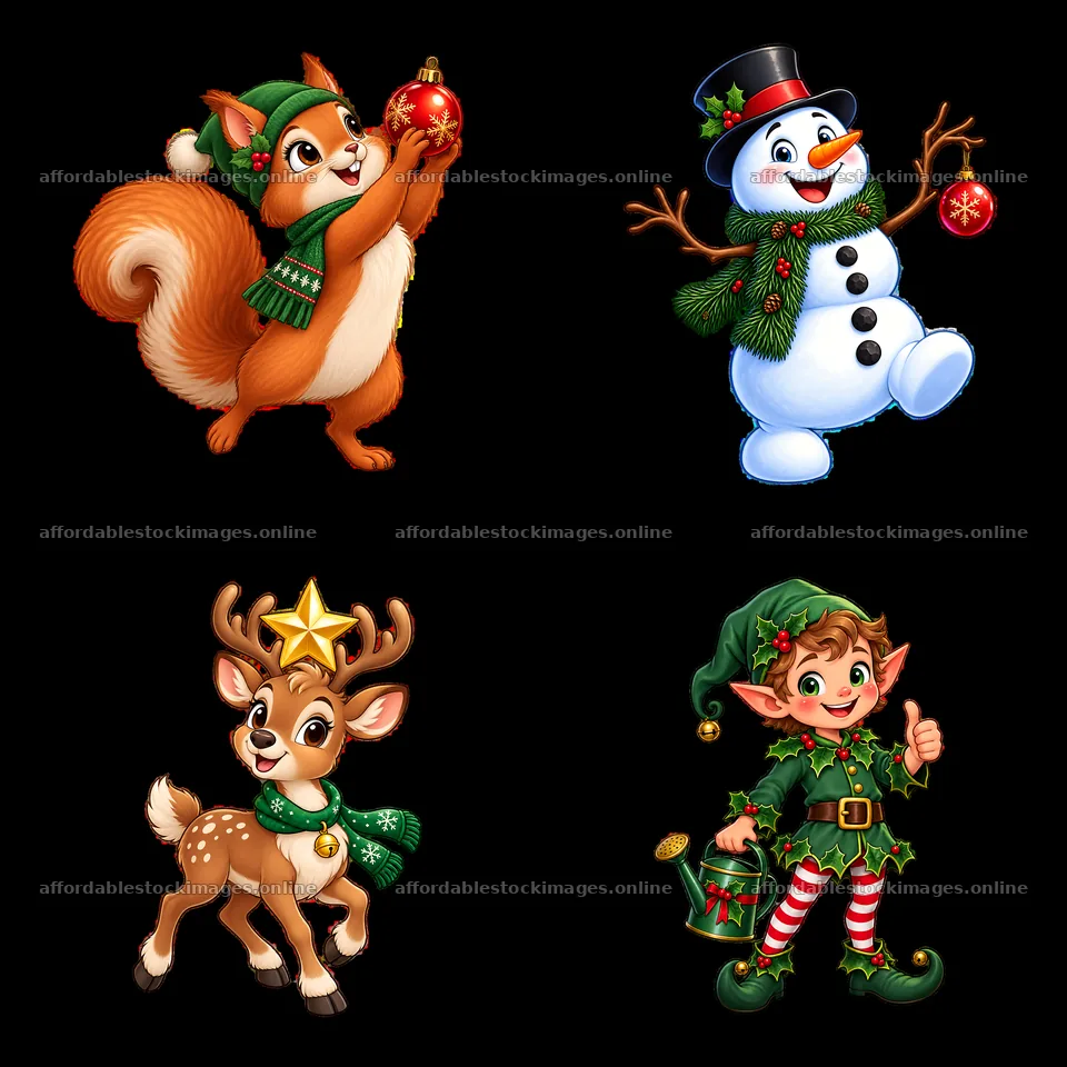 Christmas characters with decorations in a 2x2 layout – stock images 7746x7746