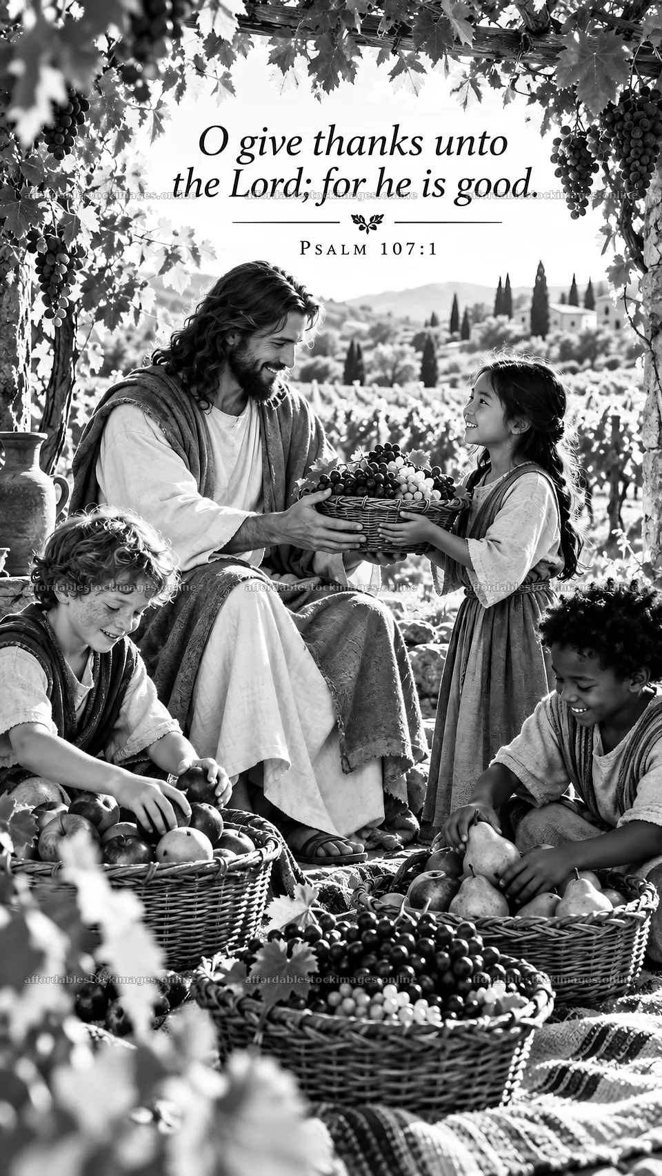 Jesus Christ shares a meal with children in a vineyard – stock images 5811x10326