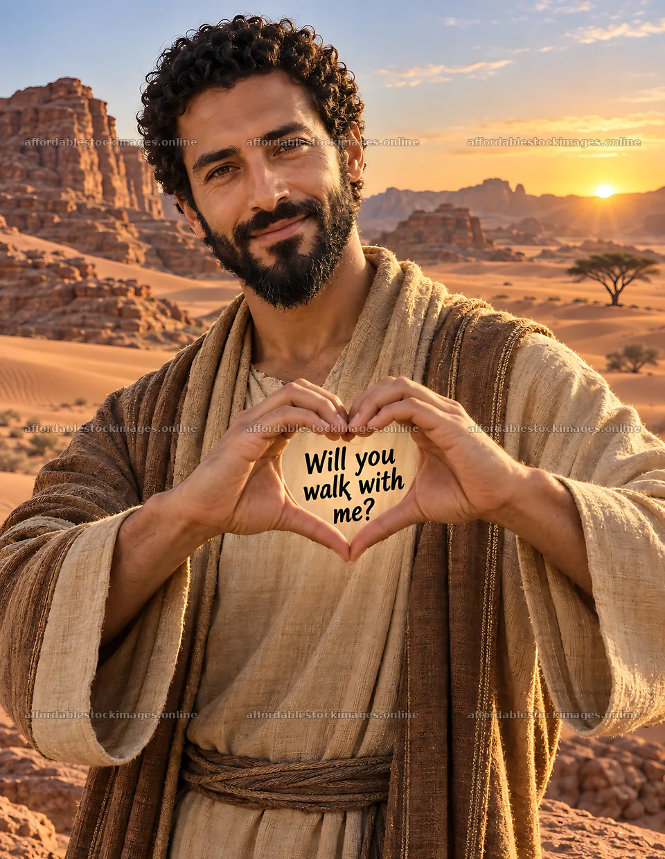 Desert dawn with a man showing a heart sign – stock images 6986x9018