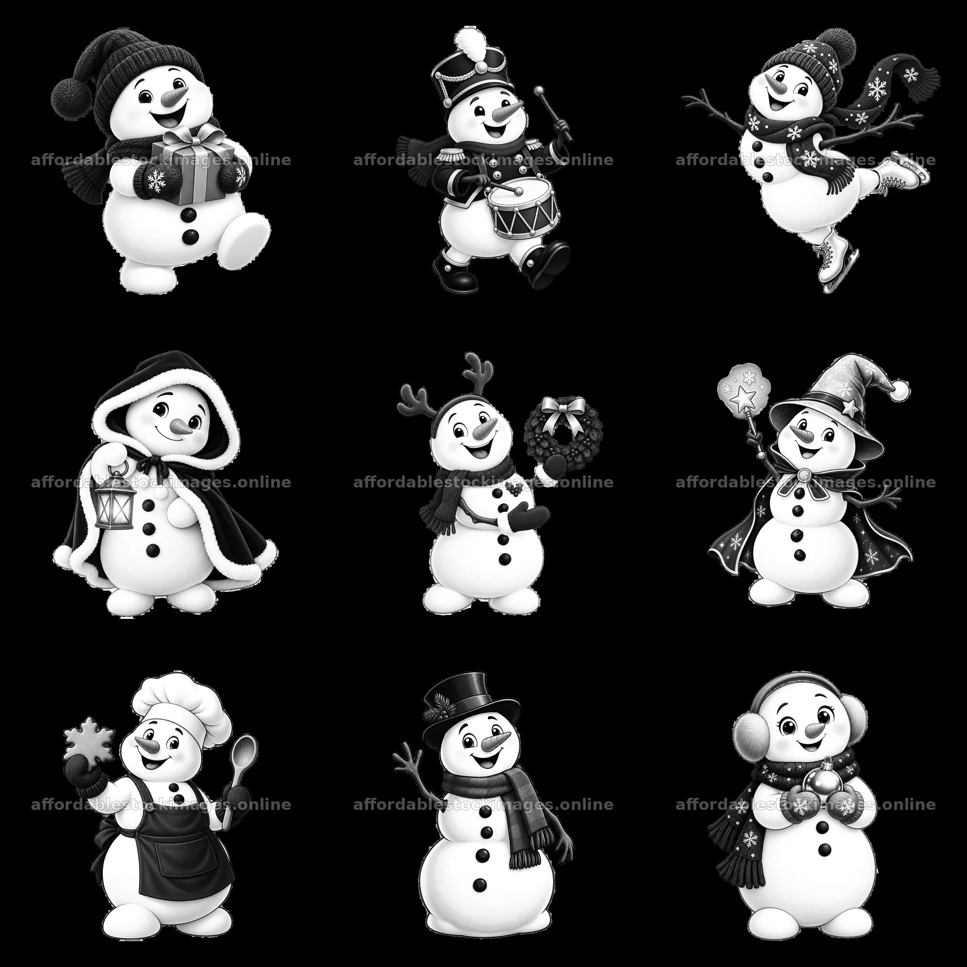 Snowmen in festive activities celebrating Christmas in black – stock images 7746x7746