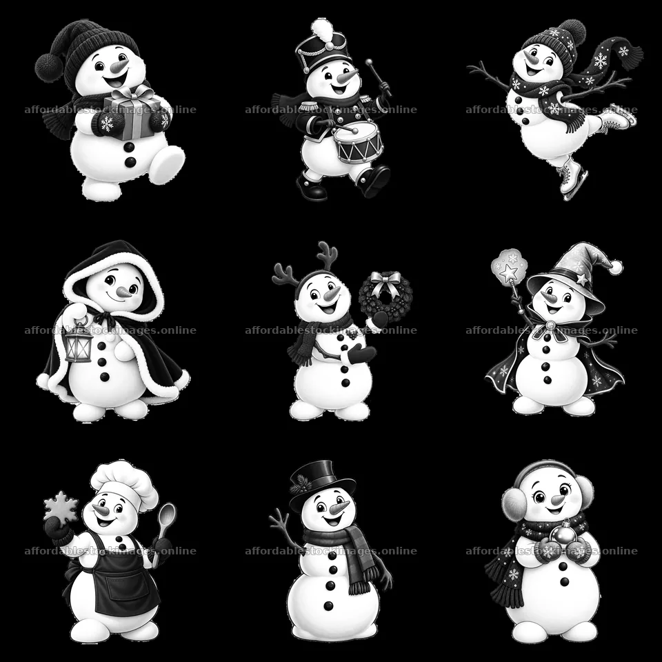 Snowmen in festive activities celebrating Christmas in black – stock images 7746x7746