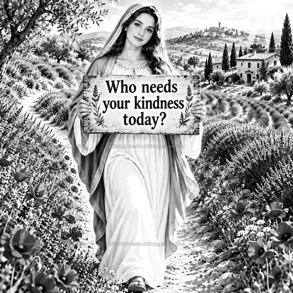 Jesus Christ invites kindness to others in a peaceful landscape – stock images 7746x7746