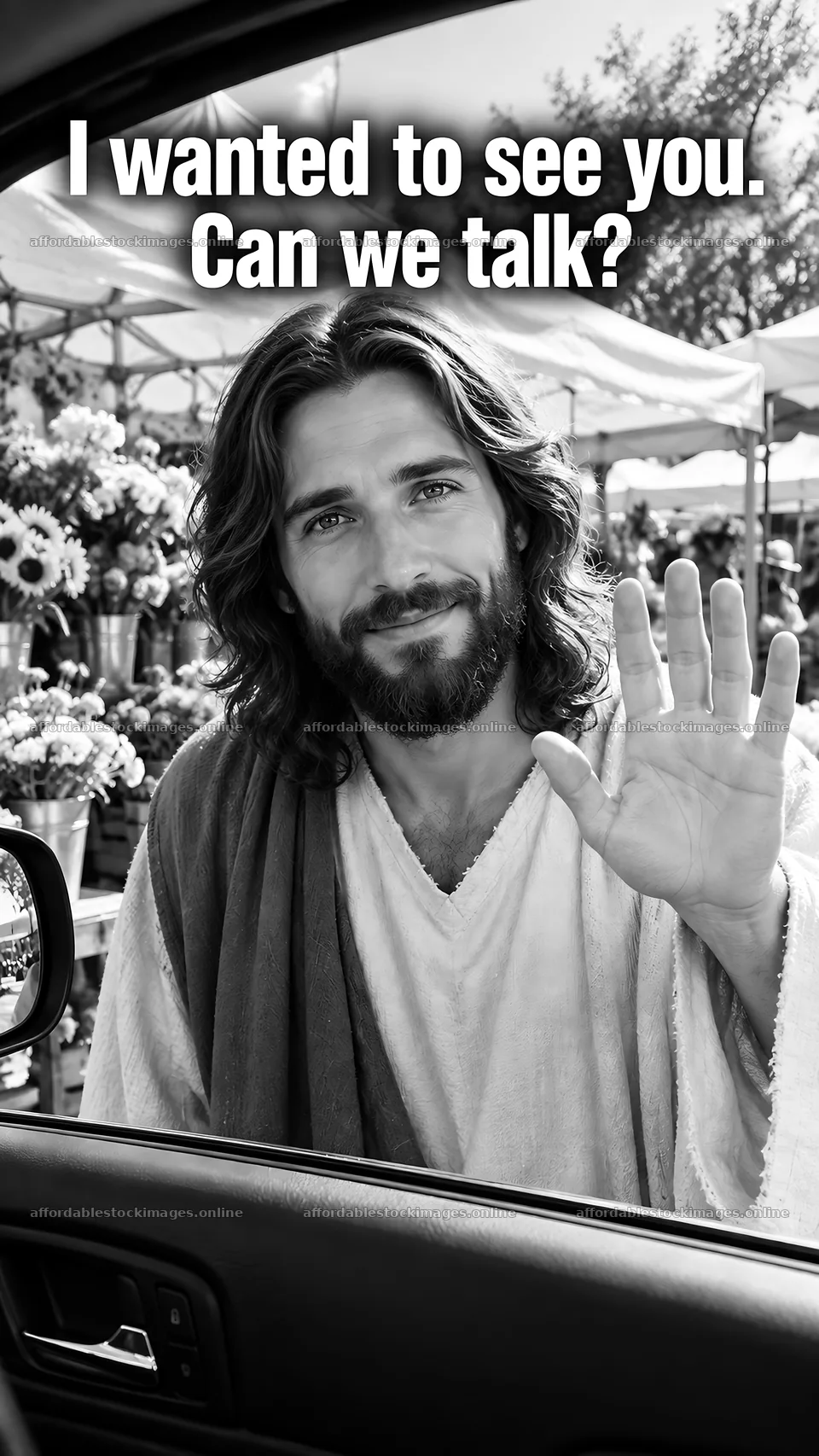 Jesus Christ inviting conversation at a market – stock images 5811x10326
