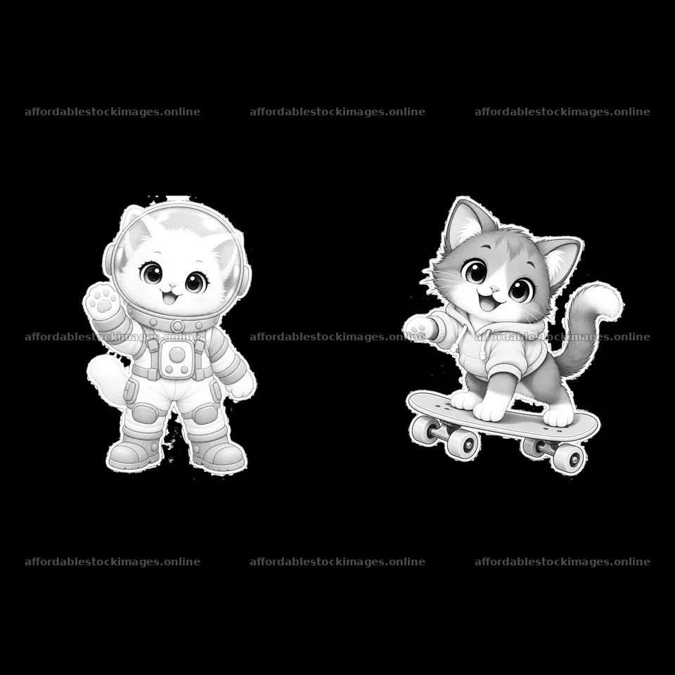 Kawaii cats in space suit and skateboarding pose together – stock images 7746x7746