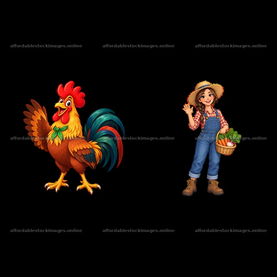 Rooster and farmer girl with basket in farm setting – stock images 7746x7746