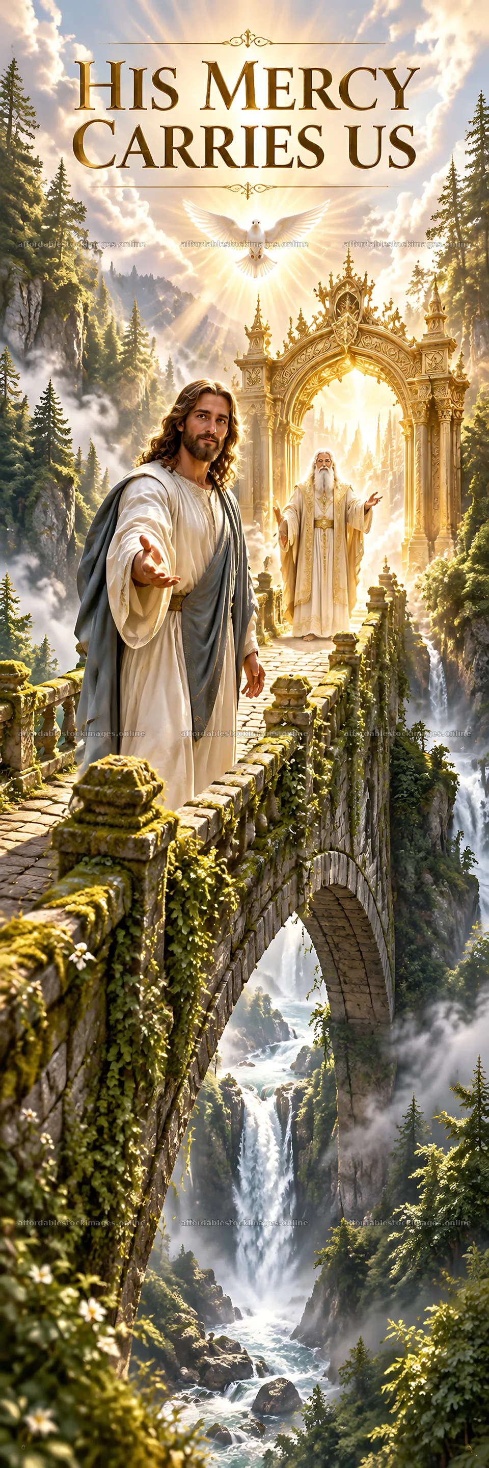 Jesus Christ reaching out on a bridge toward a heavenly figure – stock images 4472x13417