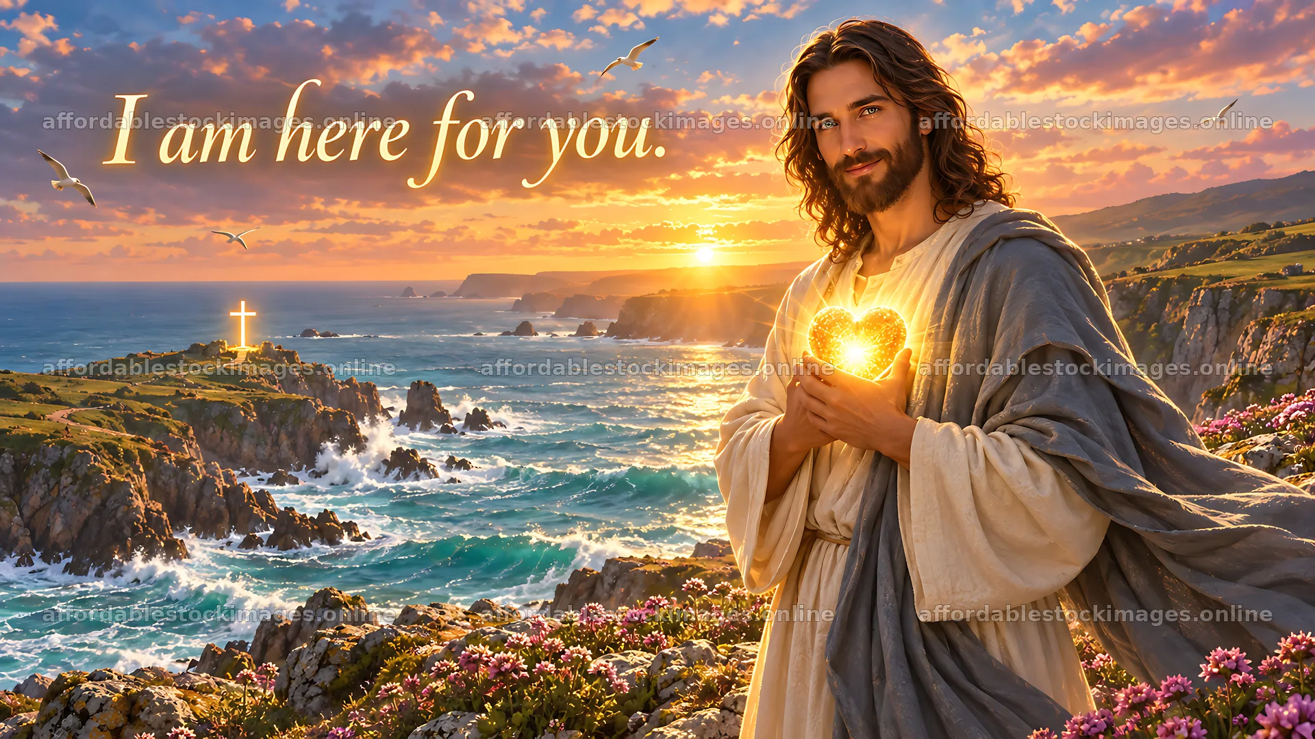 Hope above the sea at sunset with a figure holding light – stock images 10580x5954