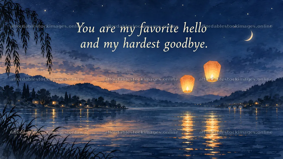 Romantic Lakeside Greeting with Floating Lanterns – stock images 10324x5812