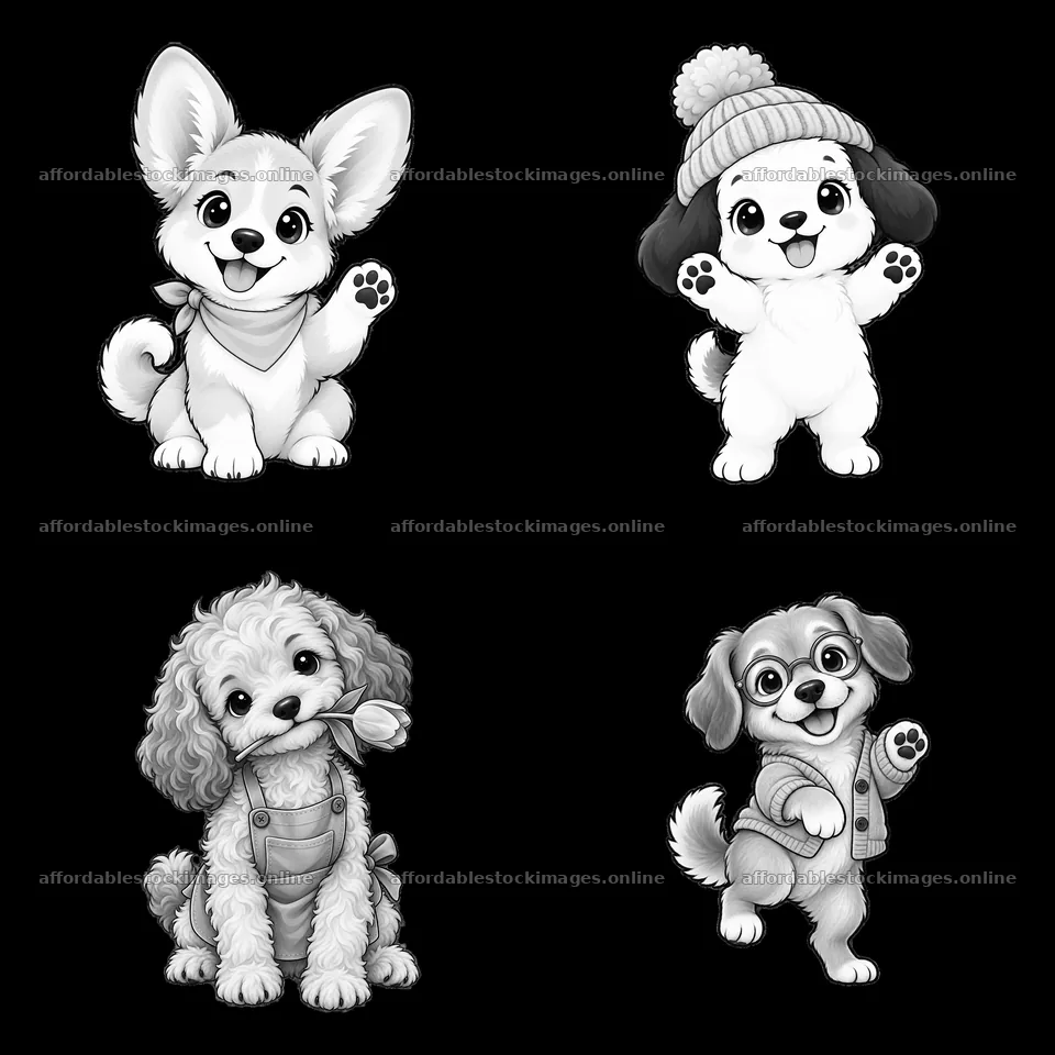 Cute cartoon dogs in a grid layout with playful poses – stock images 7746x7746