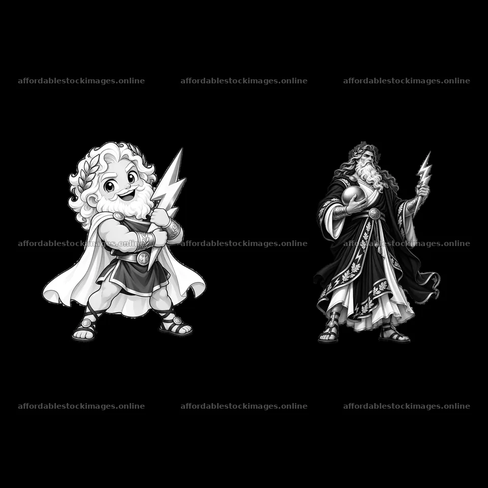 Zeus cartoon sticker pair showcasing lightning and distinct – stock images 7746x7746