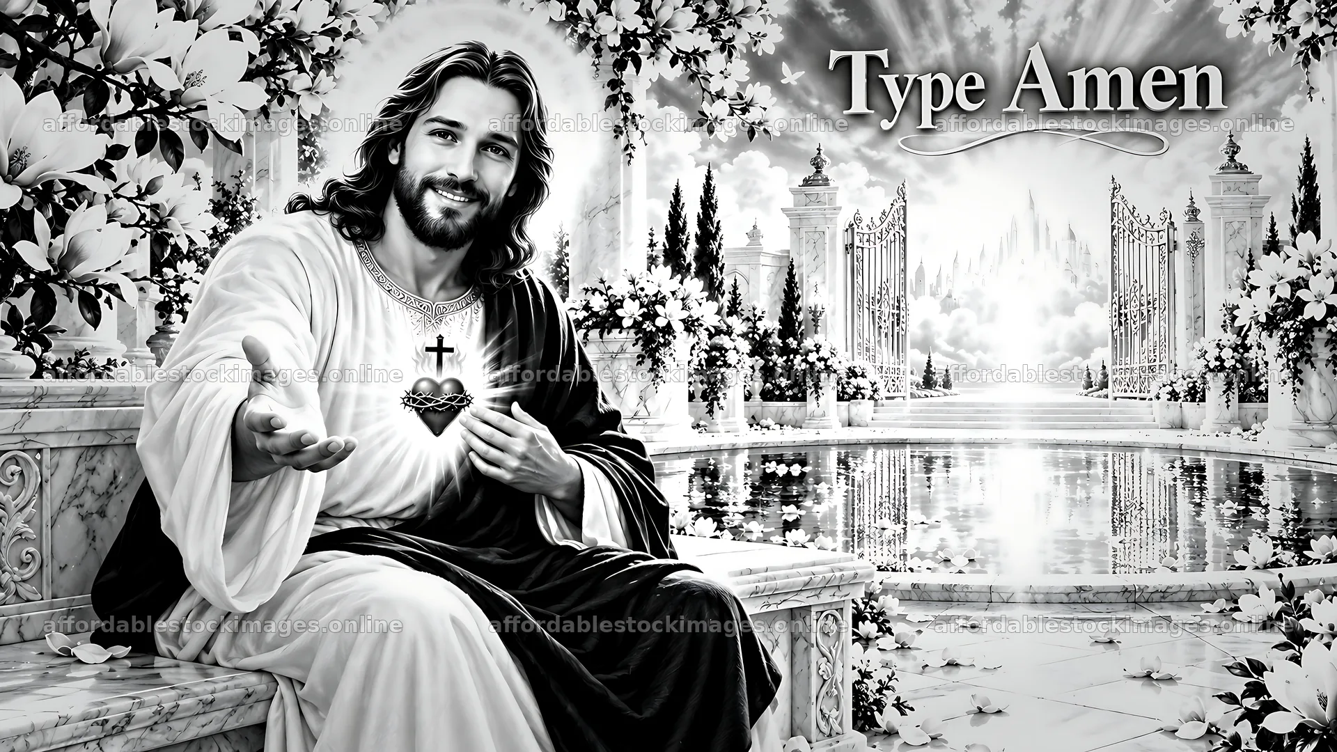 Jesus sitting in a garden inviting people to join him – stock images 10580x5954