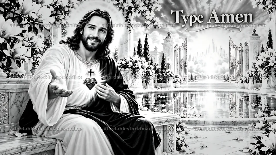 Jesus sitting in a garden inviting people to join him – stock images 10580x5954