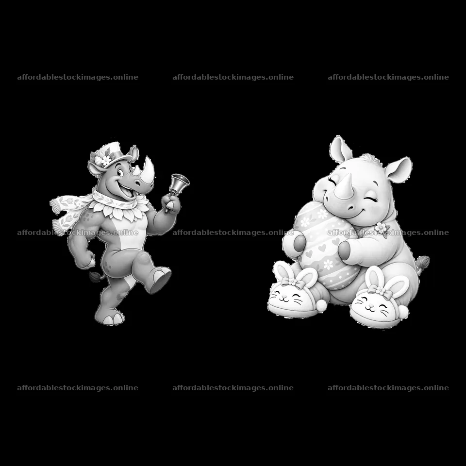 Easter themed monochrome rhinoceros character duo – stock images 7746x7746