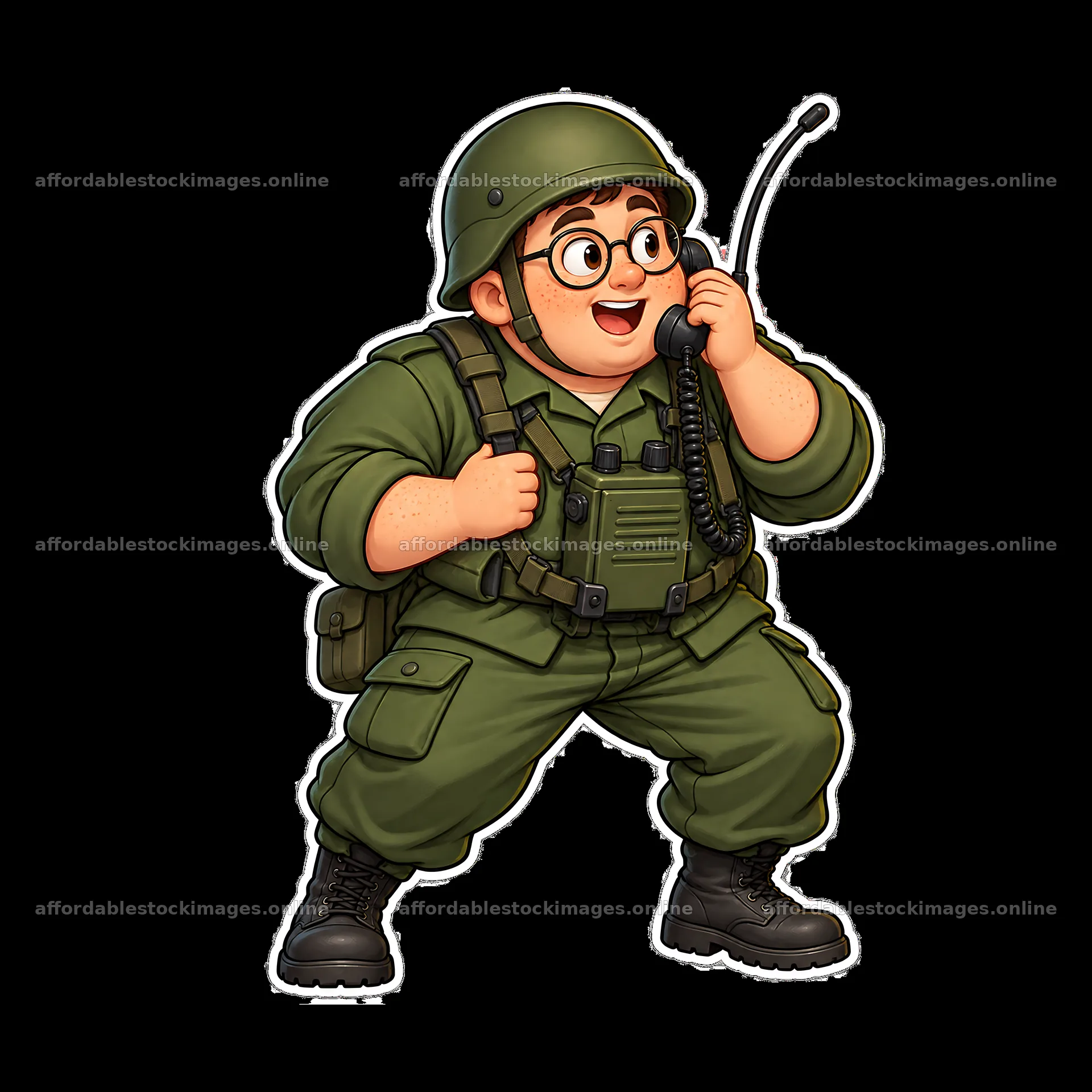 Cute chubby soldier talking on a radio with a big smile – stock images 7746x7746