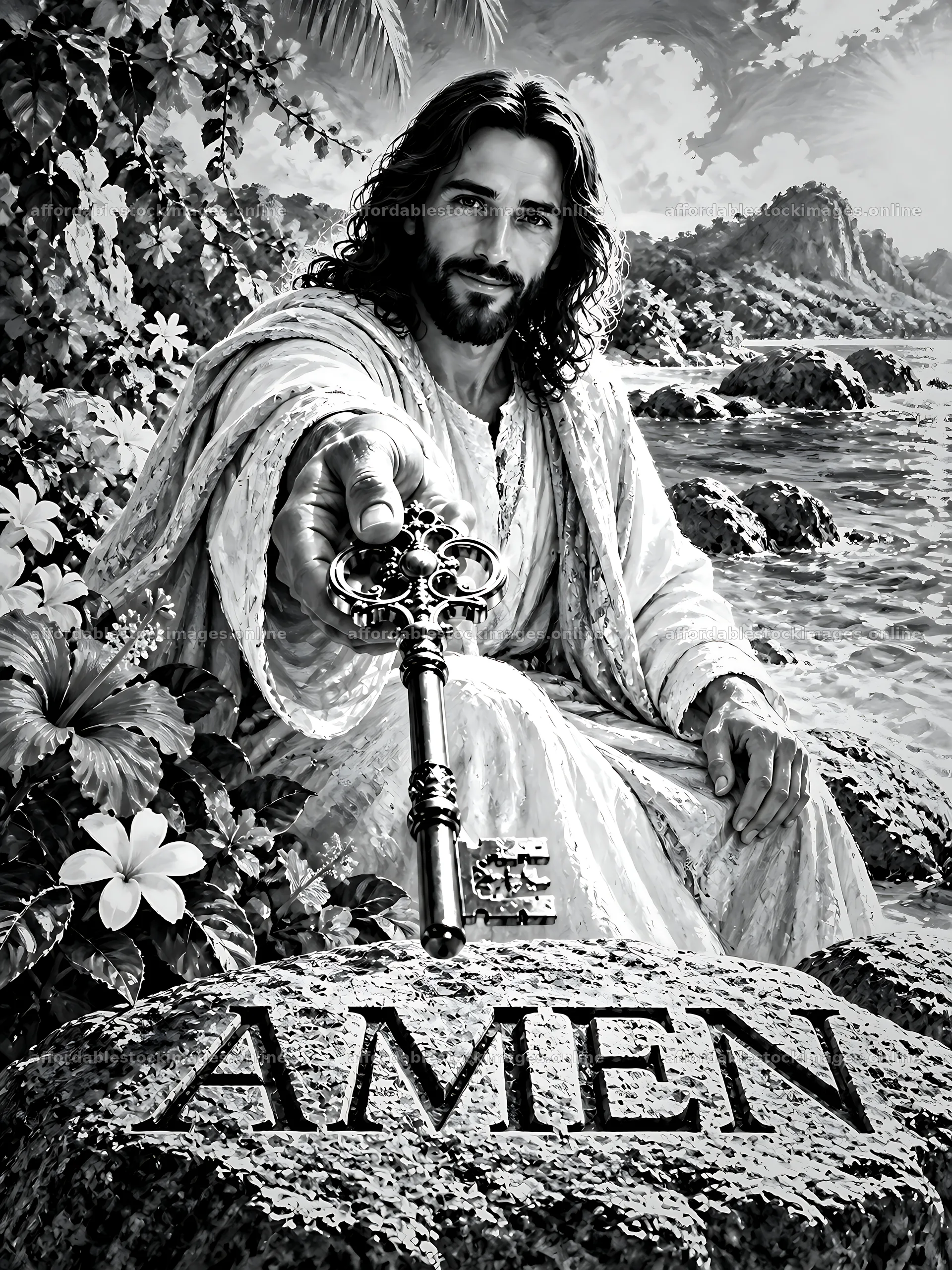 Jesus holding keys near the Coral Shore Garden – stock images 6874x9166