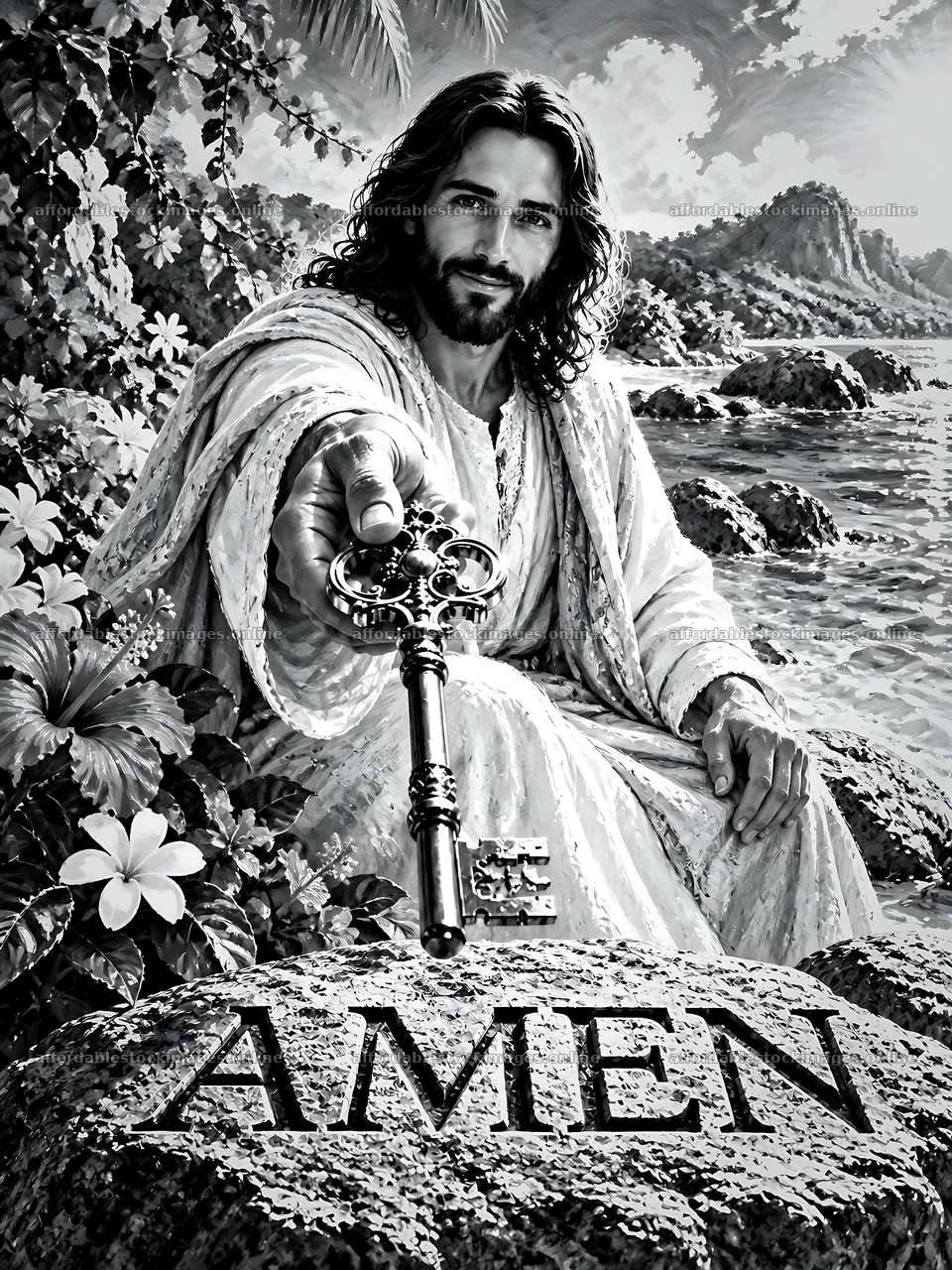 Jesus holding keys near the Coral Shore Garden – stock images 6874x9166