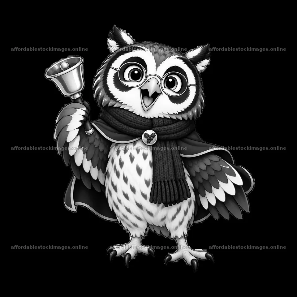 Christmas owl with bell wearing a scarf and cape – stock images 7746x7746