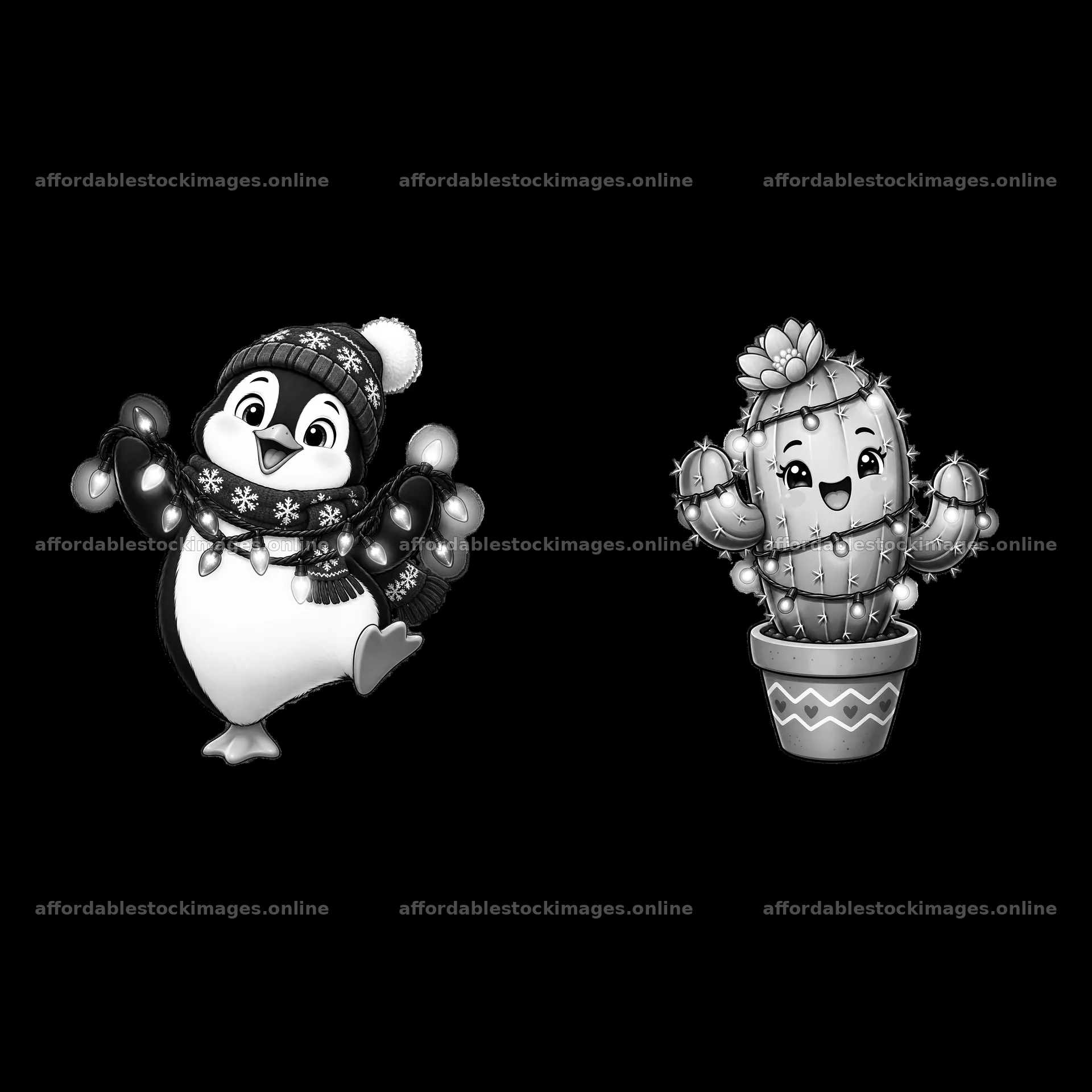 Penguin and cactus characters with string lights in black and – stock images 7746x7746
