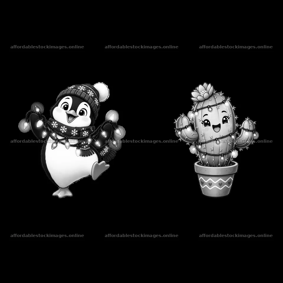 Penguin and cactus characters with string lights in black and – stock images 7746x7746