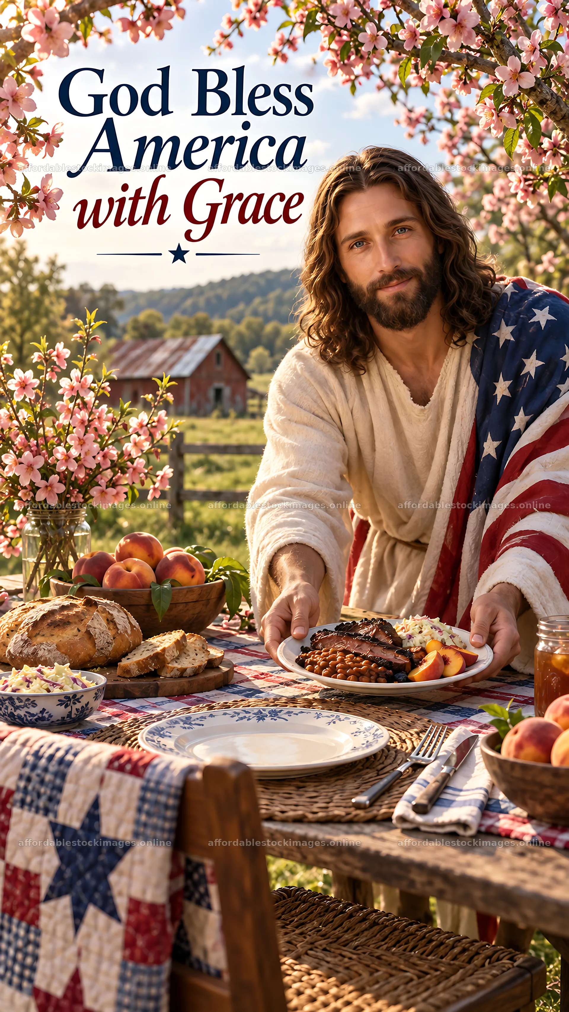Jesus Christ serving a meal with a welcoming smile – stock images 5811x10326