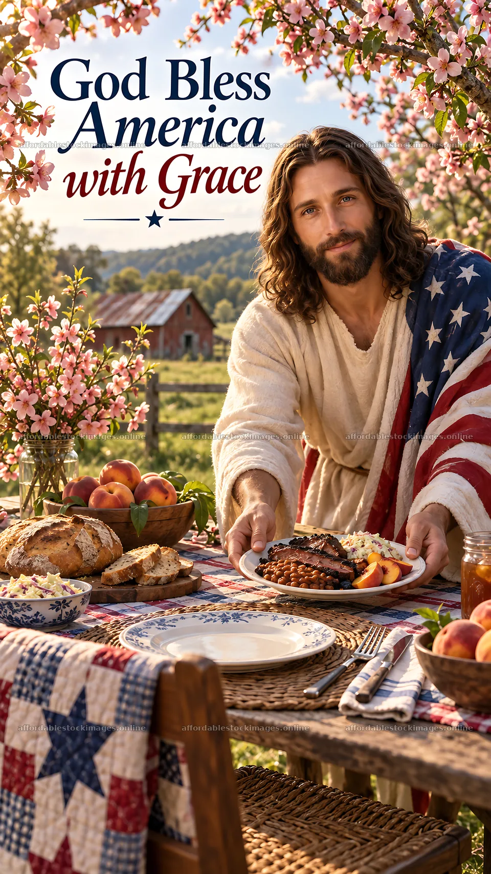 Jesus Christ serving a meal with a welcoming smile – stock images 5811x10326
