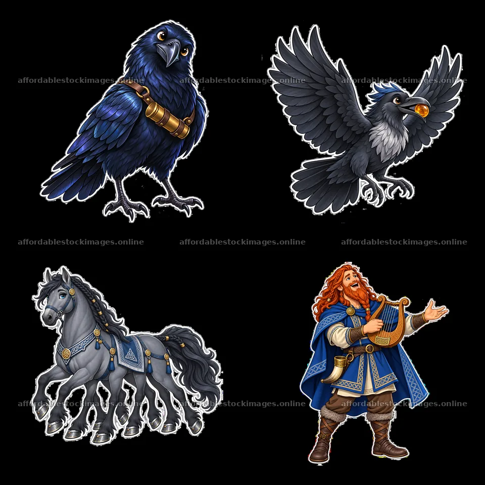 Odin's companions featuring a raven, a horse, and a bard – stock images 7746x7746