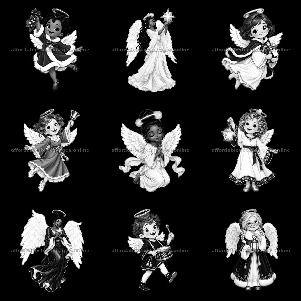 Nine cartoon angels performing various activities for Christmas – stock images 7746x7746
