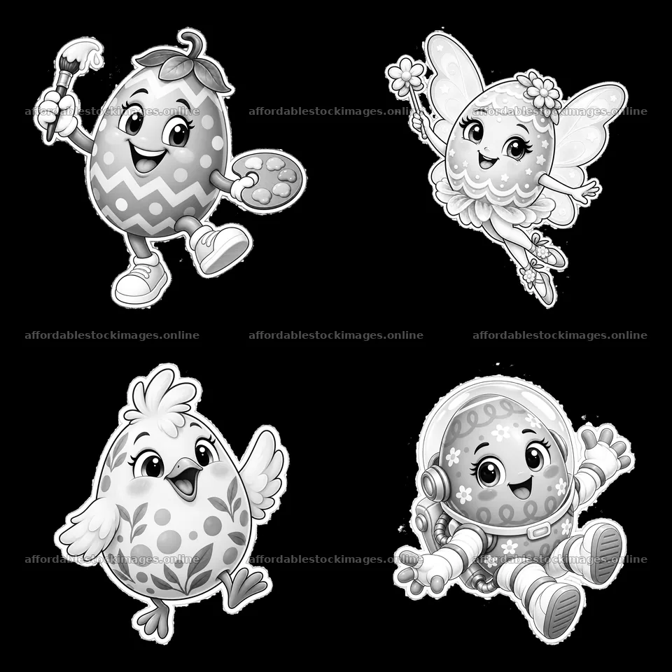 Colorful Easter eggs with characters in playful poses – stock images 7746x7746