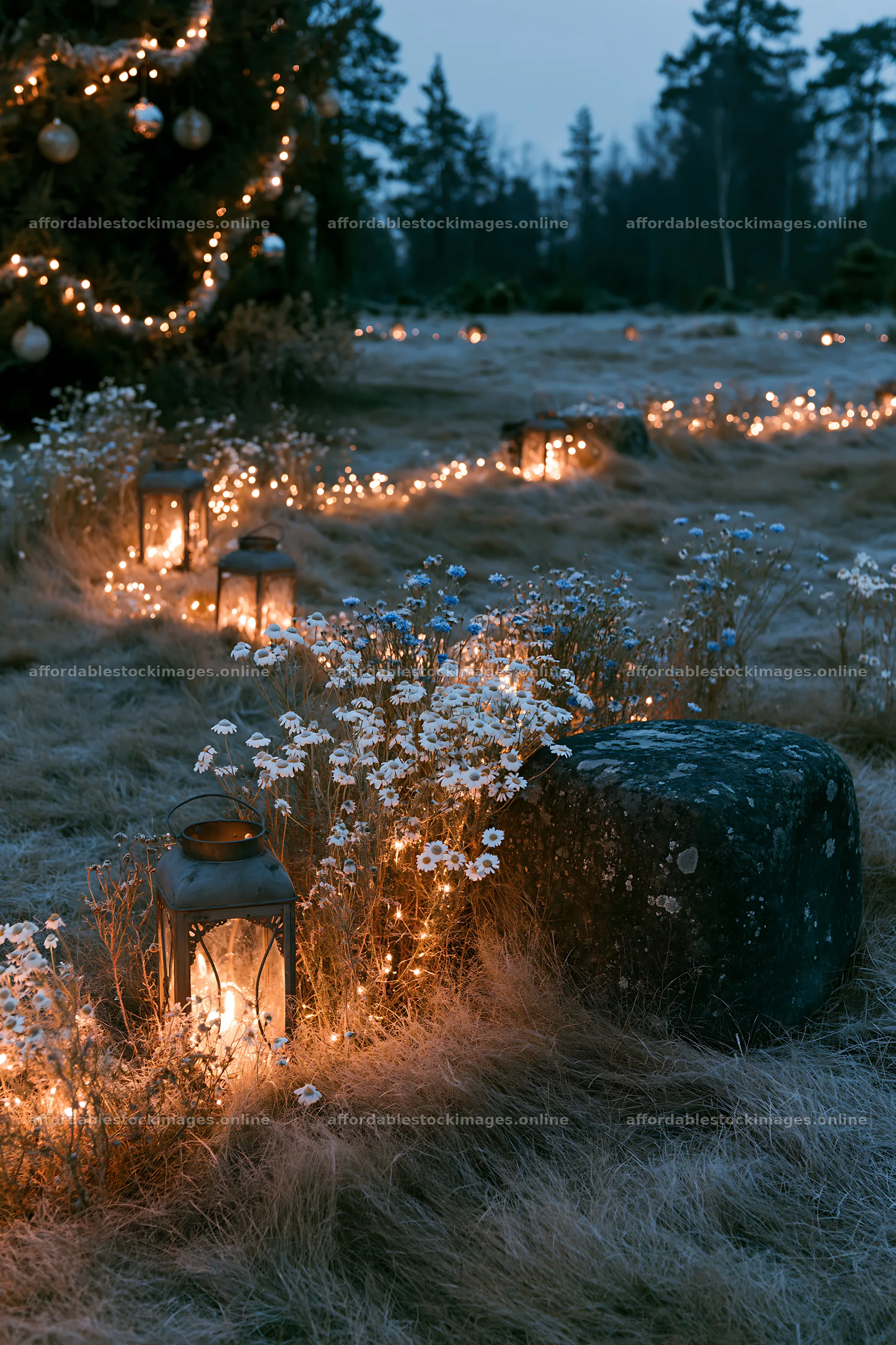 Expansive Christmas meadow with lanterns and frost – stock images 6480x9722