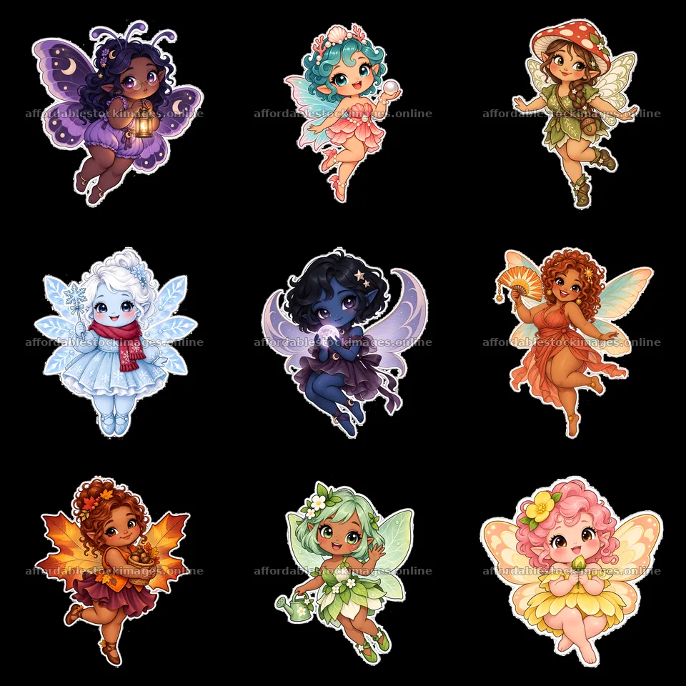 Cute chubby fairies in various colors and poses in a grid – stock images 7746x7746