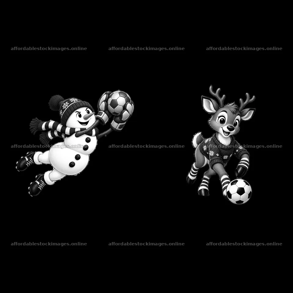 Snowman and reindeer playing soccer during Christmas season – stock images 7746x7746