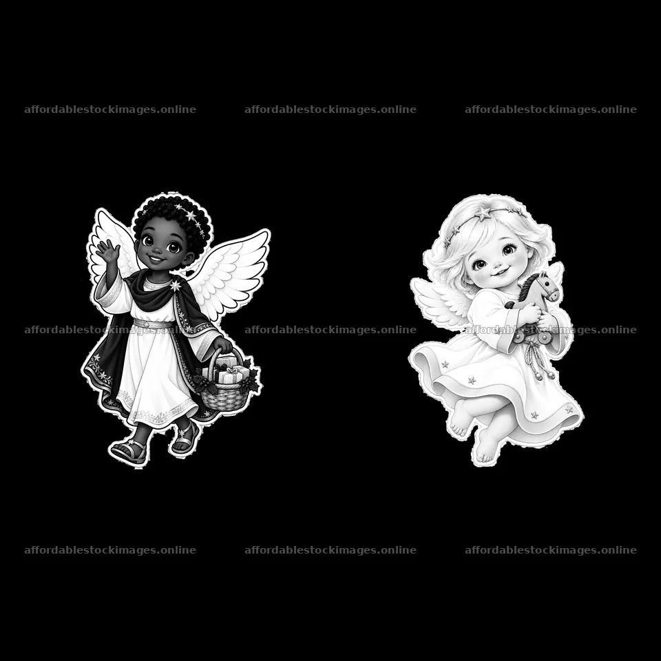 Christ Child characters with gifts and joyful expressions – stock images 7746x7746