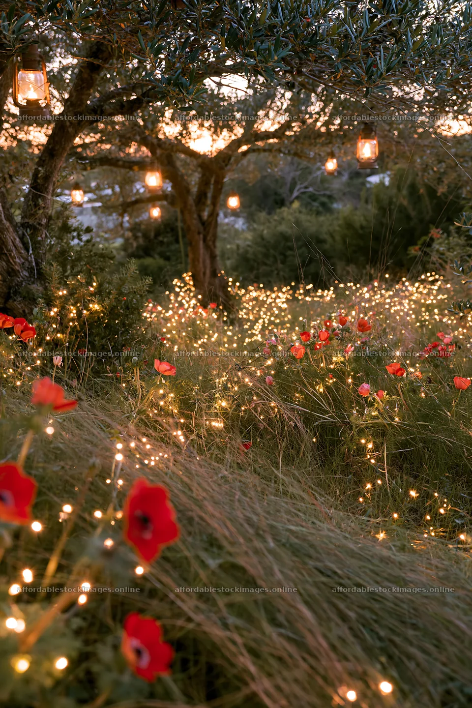 Wide Christmas meadow with flowers and fairy lights – stock images 6480x9722