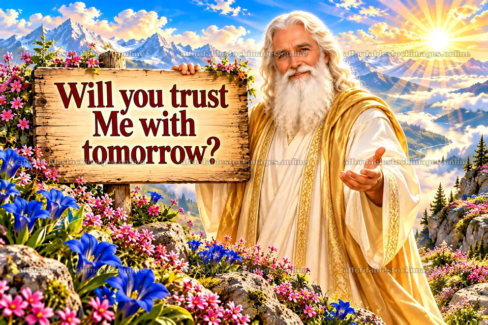 Jesus Christ inviting trust for the future – stock images 9487x6325