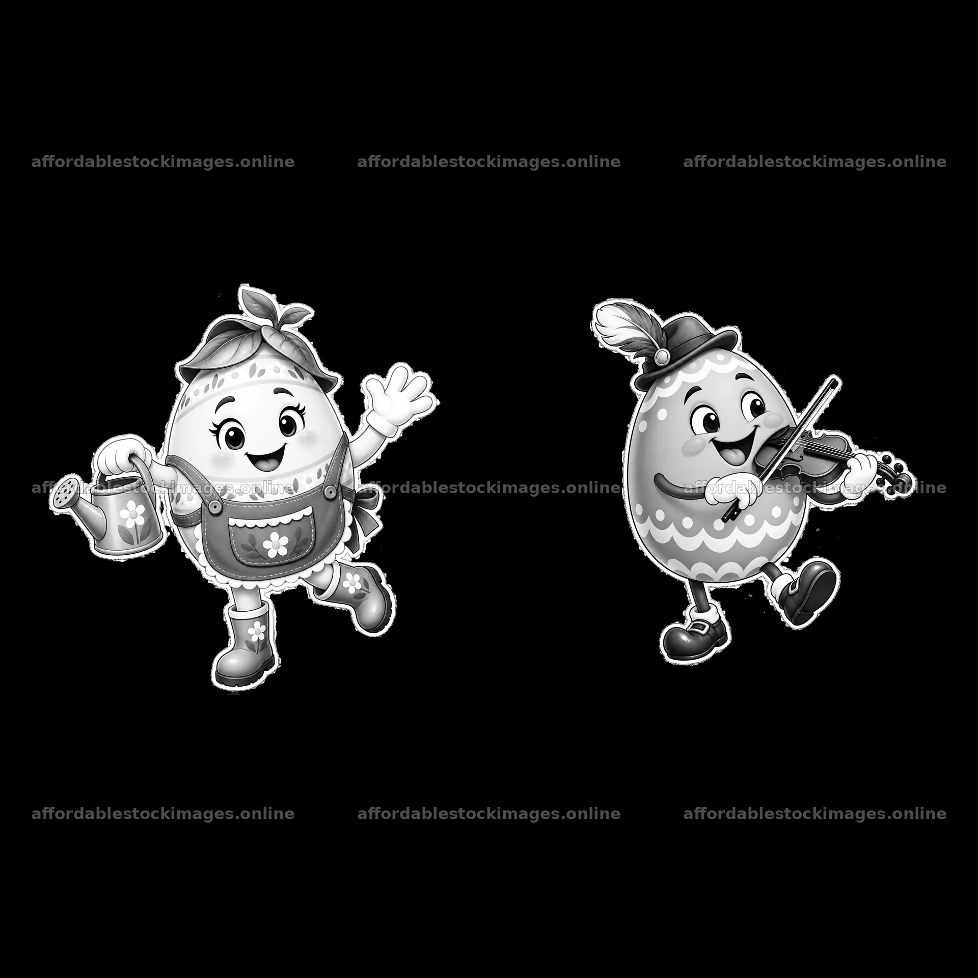 Monochrome two isolated cartoon figure stickers – stock images 7746x7746