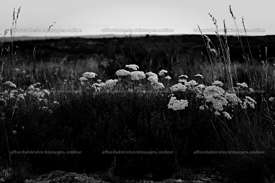 Yarrow meadow bloom in black and white landscape – stock images 9722x6480