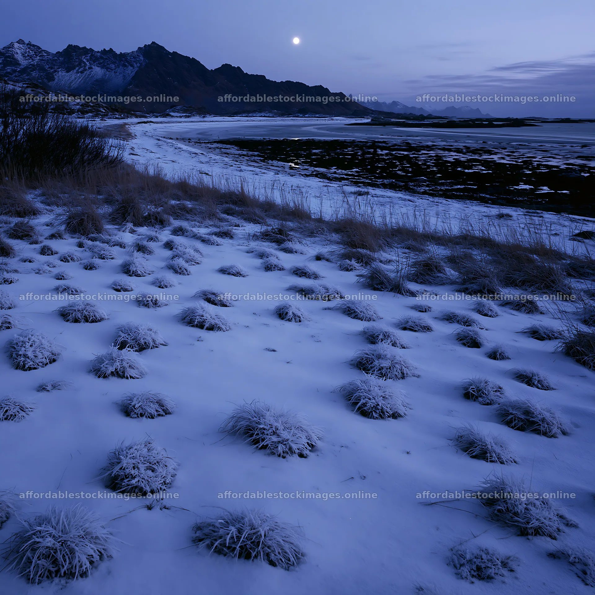 Lofoten coastal meadow covered in winter snow at night – stock images 7938x7938