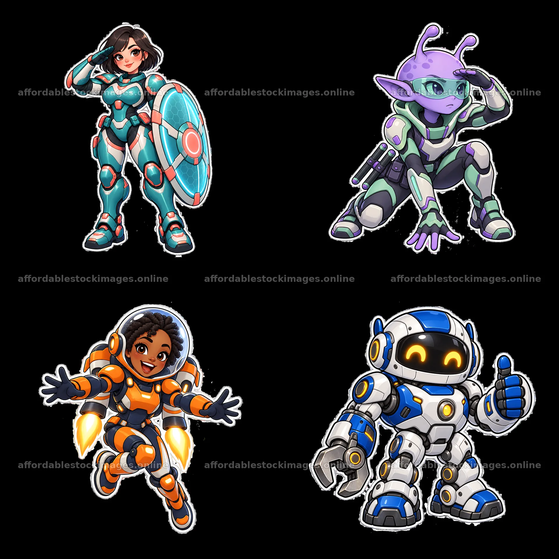 Kawaii futuristic super-soldier cartoon stickers in 2x2 layout – stock images 7746x7746