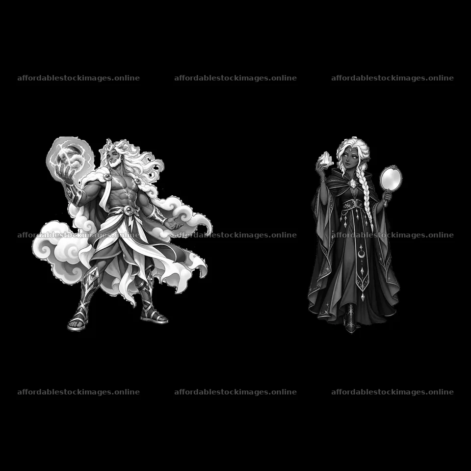 Pagan gods with elemental powers and mystical symbols – stock images 7746x7746