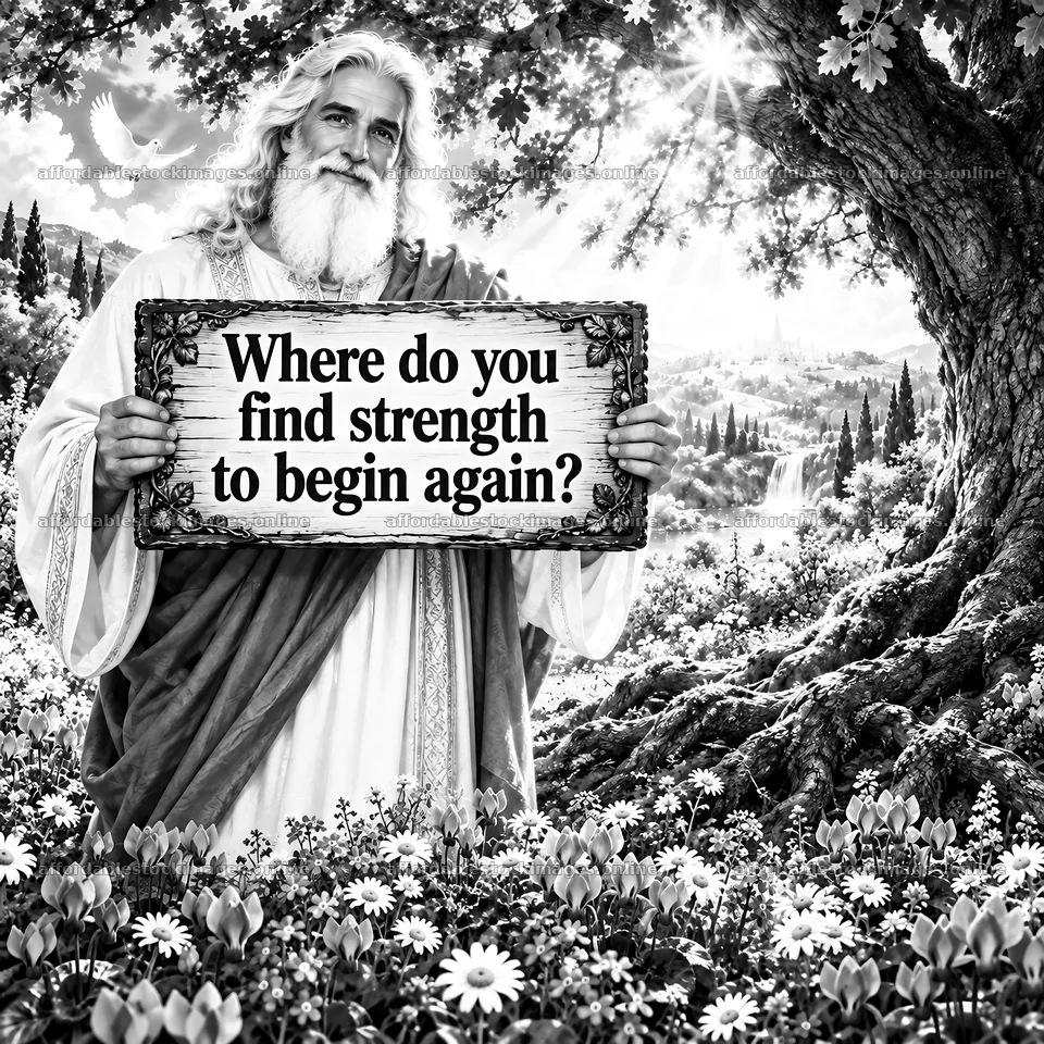Jesus Christ holding a sign asking about strength to begin again – stock images 7746x7746