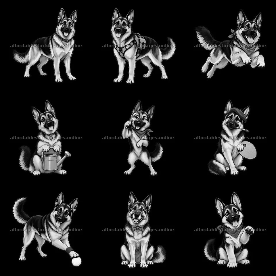 German Shepherd dog cartoon stickers in fun activities layout – stock images 7746x7746
