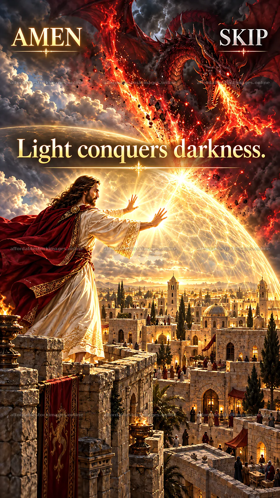 Jesus Christ brings light to the dark city – stock images 5954x10580
