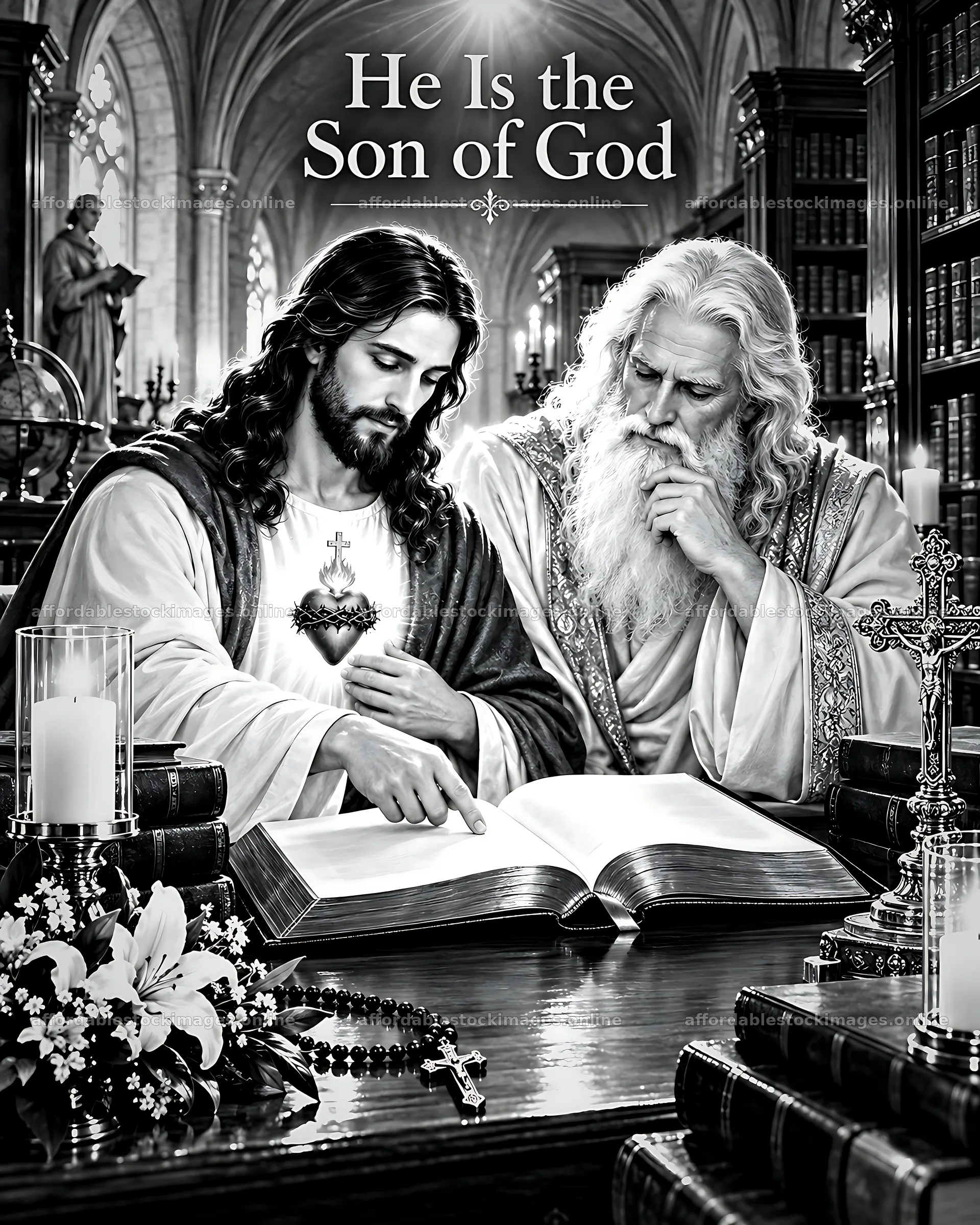 Sacred wisdom in the library with divine figures – stock images 7100x8872