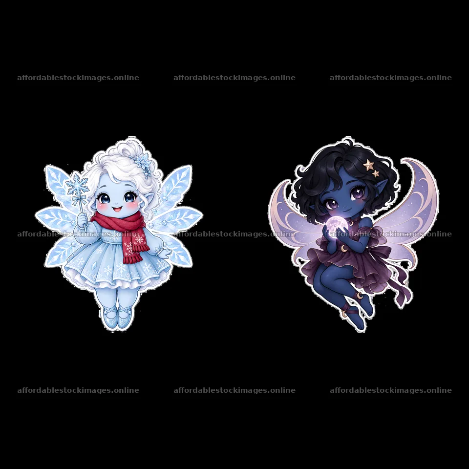Chubby fairy characters with winter and night themes – stock images 7746x7746