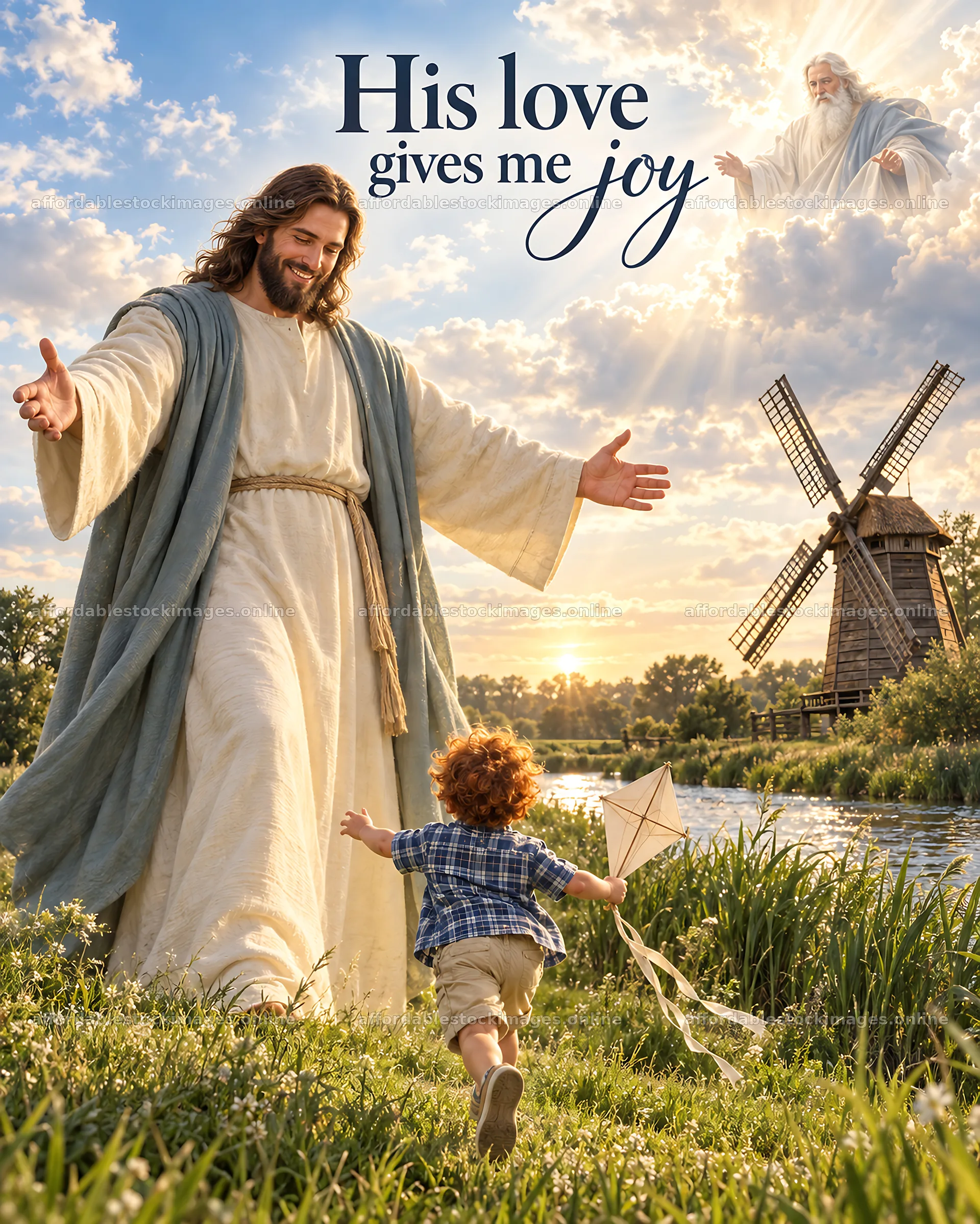 Jesus Christ welcoming a child flying a kite – stock images 6930x8659