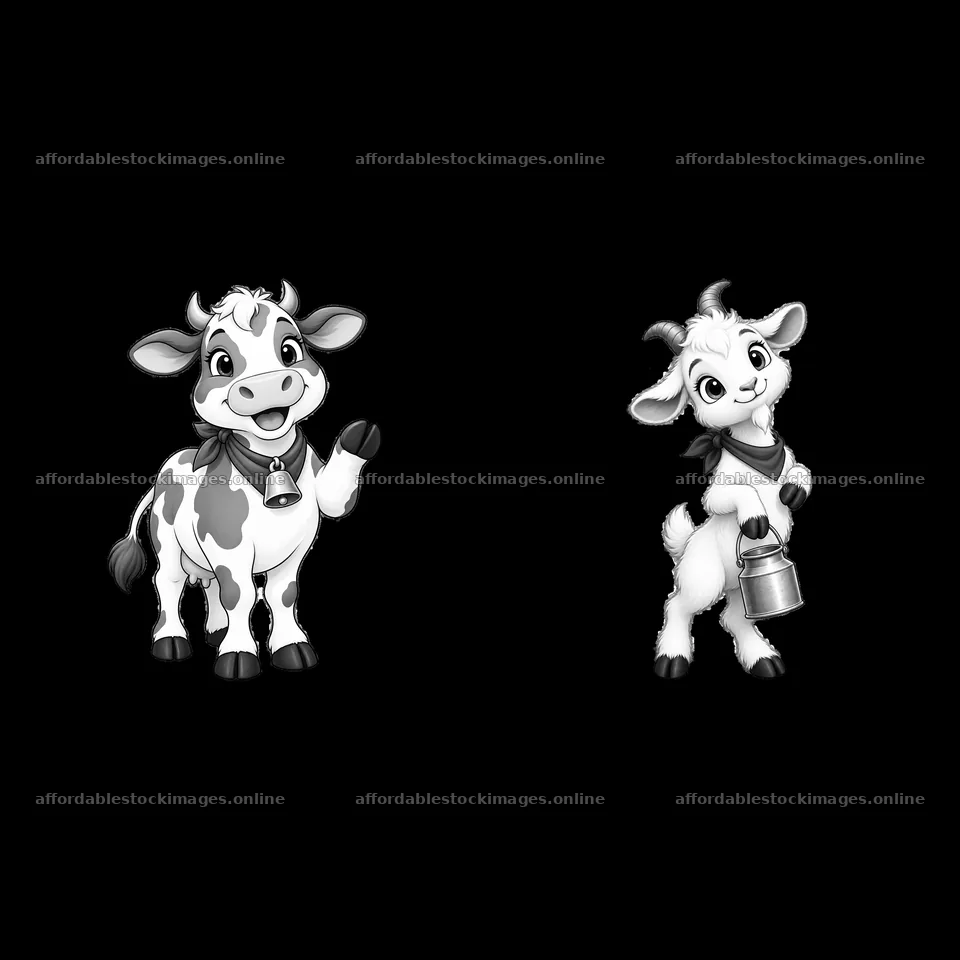 Cute cow and goat characters with accessories in farm setting – stock images 7746x7746